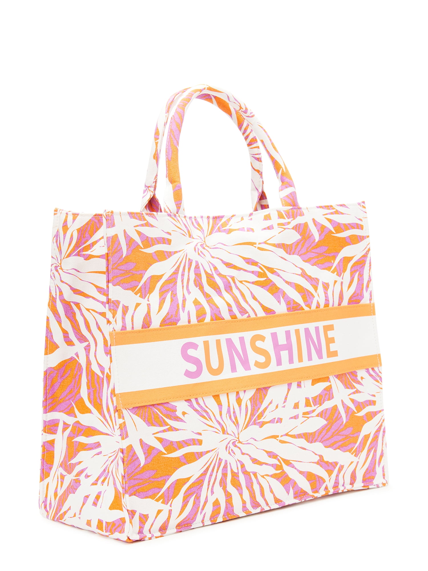 No Boundaries Women's Sunshine Canvas Print Beach Tote Handbag, Orange/Pink
