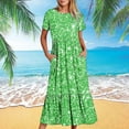 thumbnail image 2 of Ahuyic Womens Summer Dresses,Womens Casual Sundress,Women's Summer Casual Short Sleeve Crewneck Dress Casual Flowy Tiered Maxi Beach Dress With Pockets Shiny Print Dress, 2 of 5