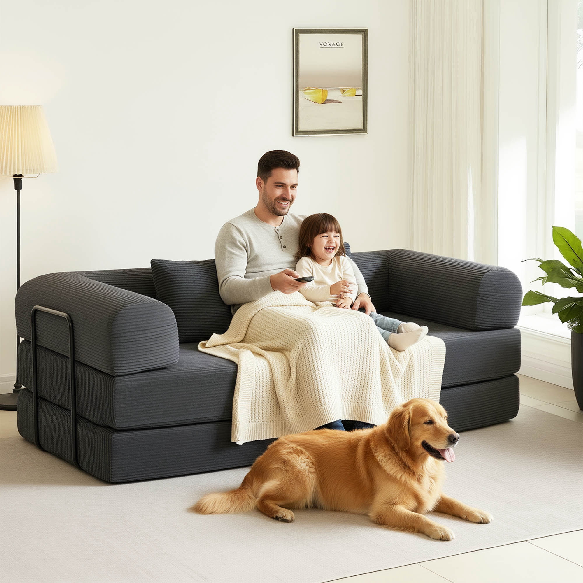 GAOHAPY 80" Convertible Sleeper Sofa Bed, Corduroy Foldable Futon Couch with Pillows, No Assembly Sofa  for Living Room Small Spaces Apartment ,Dark Grey