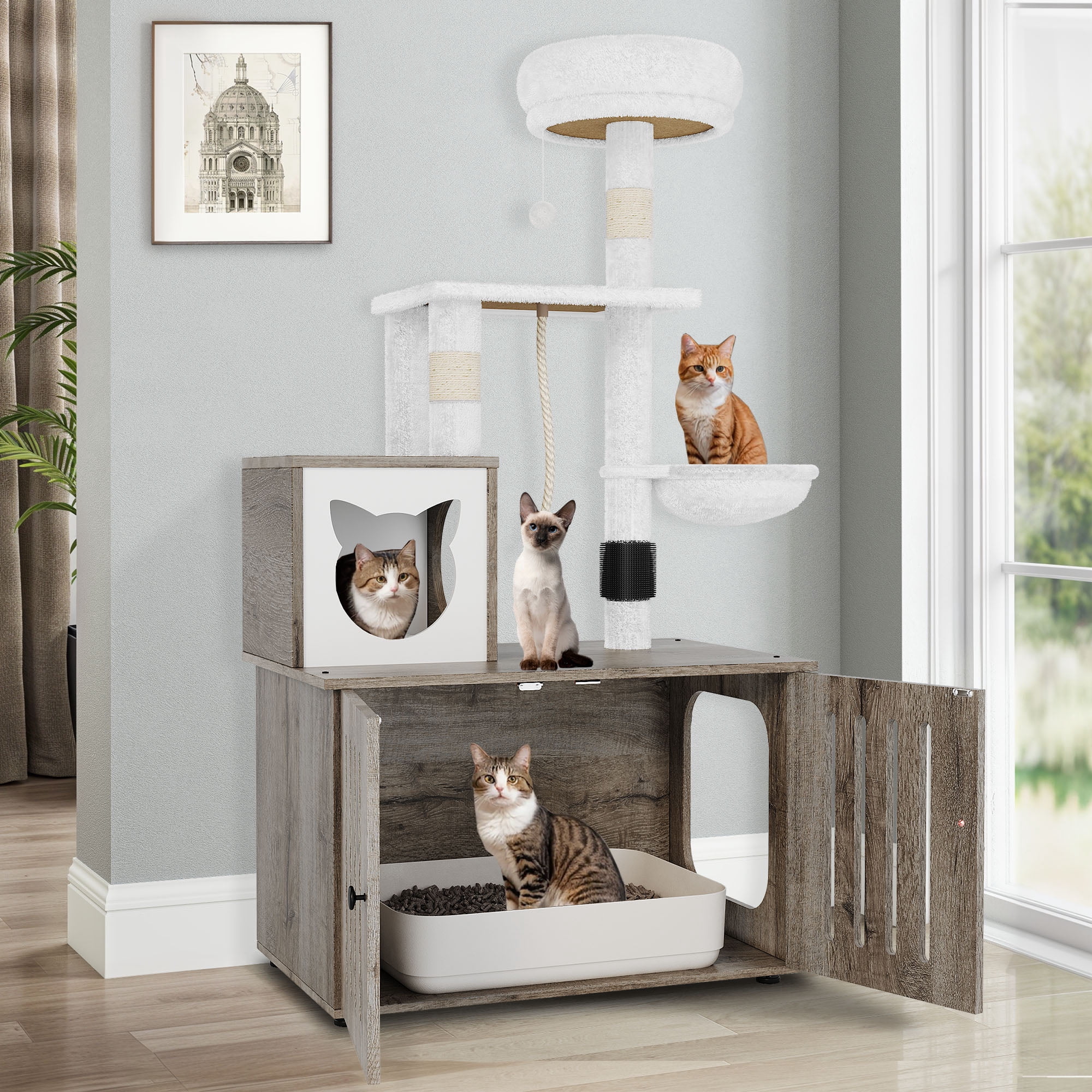 Dextrus 2-in-1 Cat Tree with Litter Box Enclosure,53.5" Large Modern Cat Condo with Scratching Posts, Perch, Food Station, Hammocks, Scratch Post, Gray