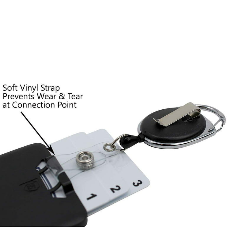 ID Card Case + Heavy Duty Lanyard (Black) + Badge Holder Retractable Reel Carabiner and Plastic Clip