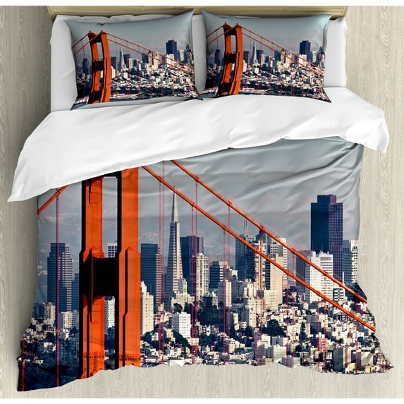 United States Duvet Cover Set King Size, San Francisco Bridge and Cityscape Metropolis Financial District, Decorative 3 Piece Bedding Set with 2 Pillow Shams, Orange Baby Blue White, by Ambesonne