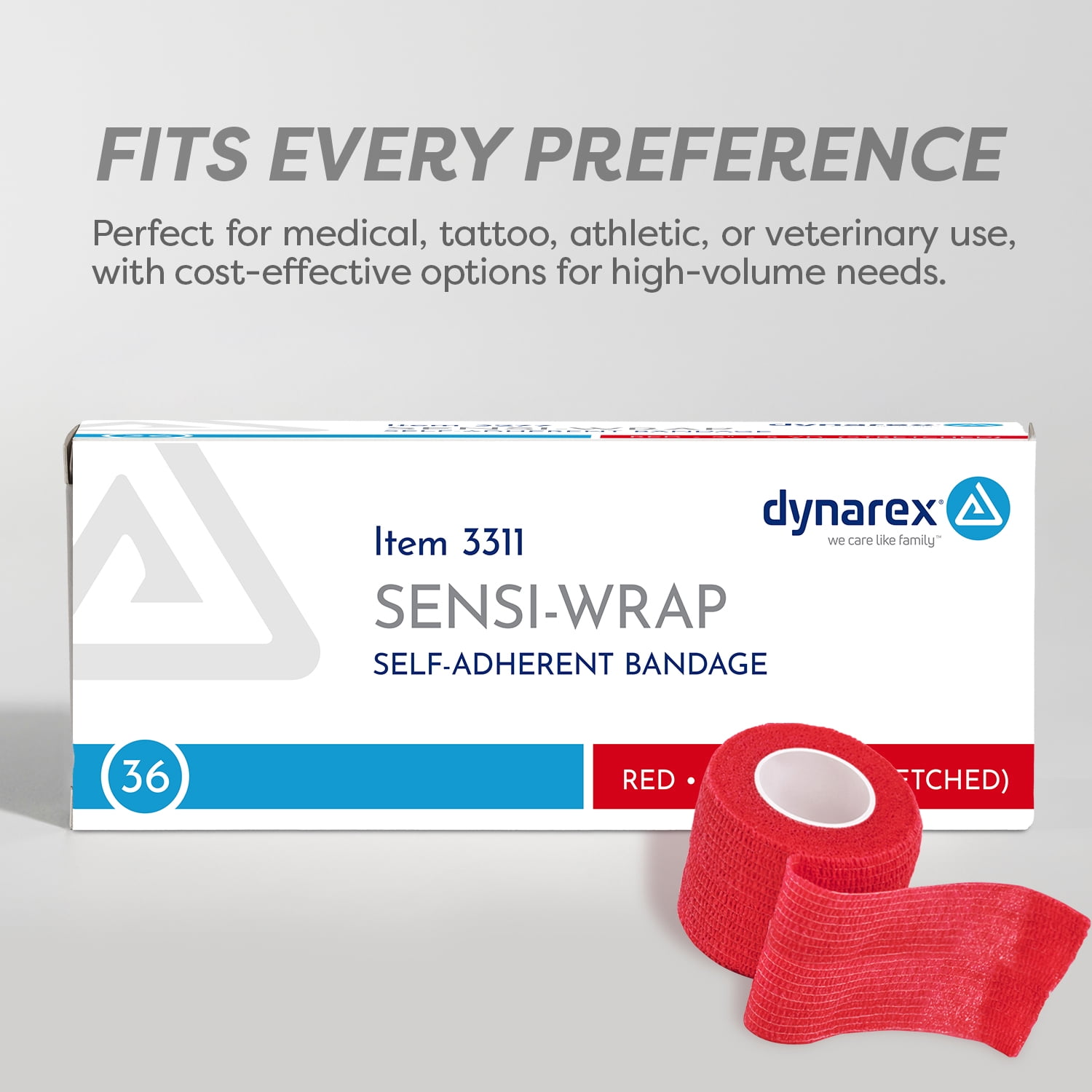Dynarex Sensi-Wrap Self-Adhesive Bandages, 36-Pack, 2" x 5 yards, Red, Latex-Free, Colored Elastic Cohesive Athletic Tape, Tattoo Grip & Vet Wrap