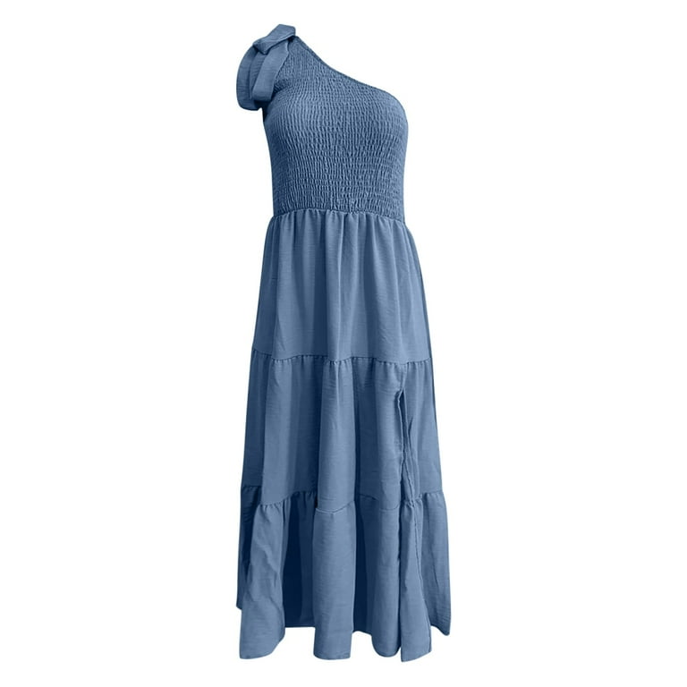 Women's 2024 Summer One Shoulder Sleeveless Smocked Midi Dress - Polyester/ Spandex, Elastic Waist, Tiered Ruffle, Beach/Party (S-XL) - Walmart.com
