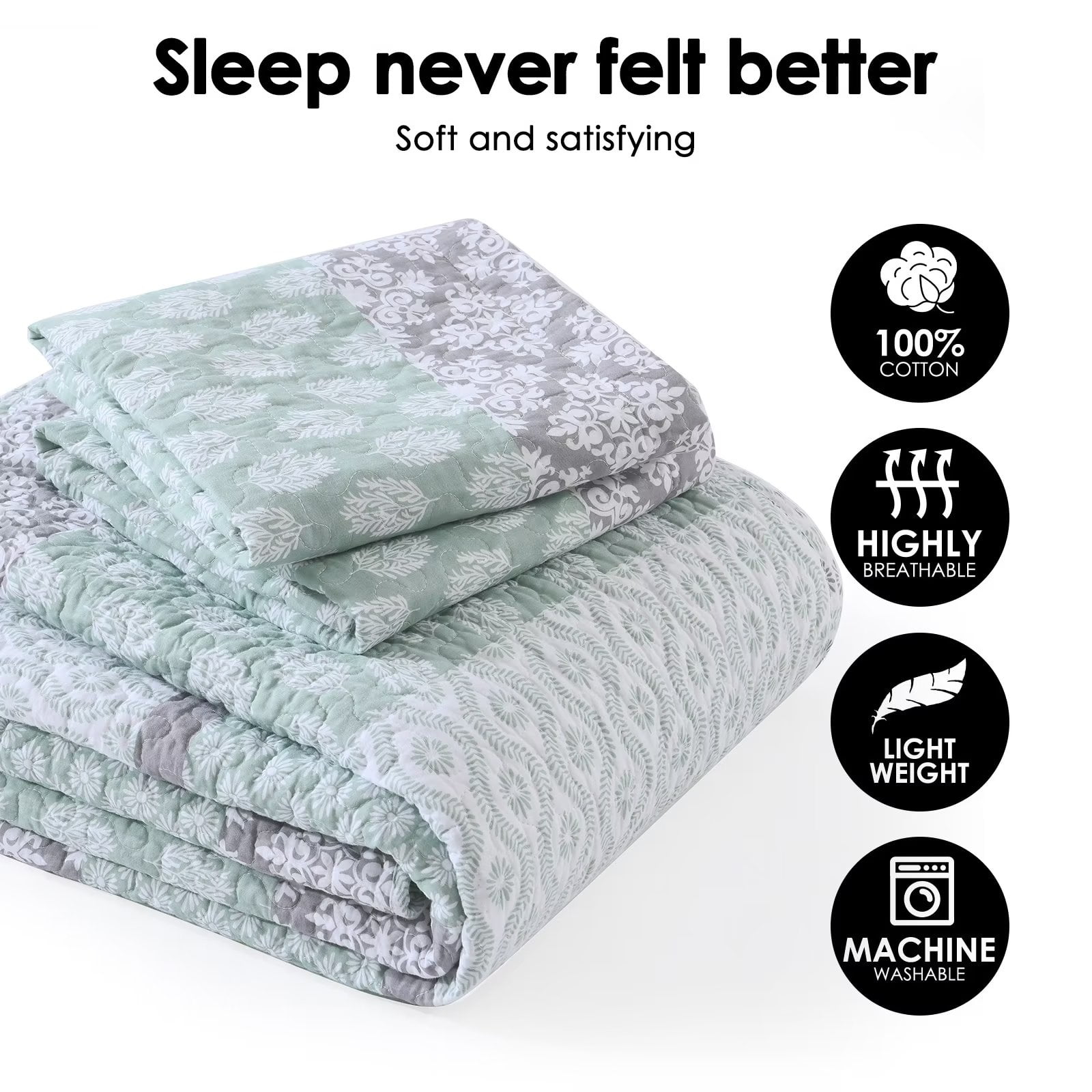 Bedduvit King Size Quilt Set, 100% Cotton Green Gray Spring Floral Striped Farmhouse Summer Bedspread King, Reversible Lightweight Bedding Quilt Set for King Bed, All Season 3-Piece (Green, 98"x106")