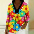 thumbnail image 2 of MEICHEN Women's Elegant Retro Art Print V Neck Loose Mid Length Sleeve Top Summer T Shirts for Women, 2 of 5