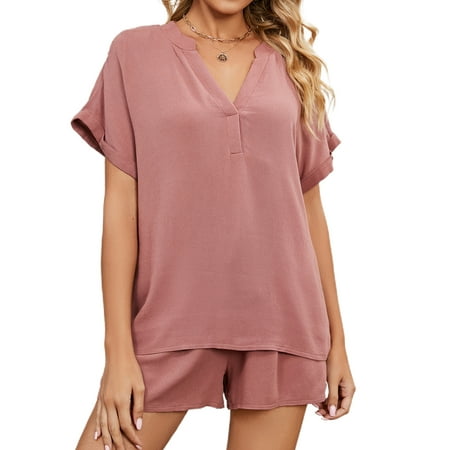

Hanerdun Women V-Neck Pajamas Female 2 PCS Solid Sleepwear Pjs Set Pink L