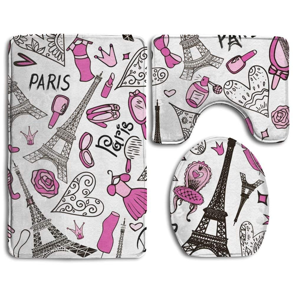GOHAO Eiffel Tower Paris 3 Piece Bathroom Rugs Set Bath Rug Contour Mat