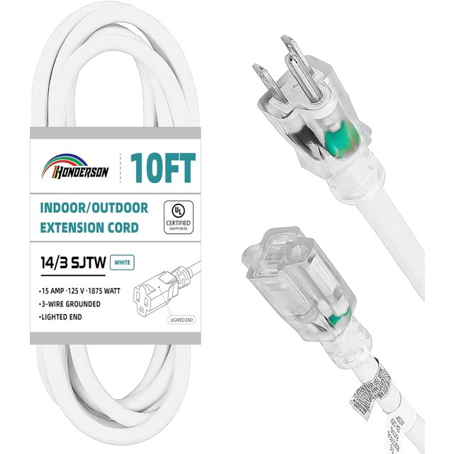Shiyou-Rallonge Intérieure Extérieure Étanche avec Extrémité Lumineuse, Certifiée UL, 14 Gauge 10 Pieds Blanc 3 Broches Rallonge Robuste, 14/3 SJTW 15A pour Lumières Extérieures, Pelouse