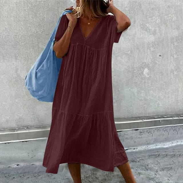 Stock Limité, Robe Longue Plissée à Manches Courtes Décontractée et Ample à Col en V pour Femme pour le Quotidien et un Style Estival Confortable Confort Sans Effort/95 % Polyester 5 % Élasthanne, Bourgogne, Sopatenor