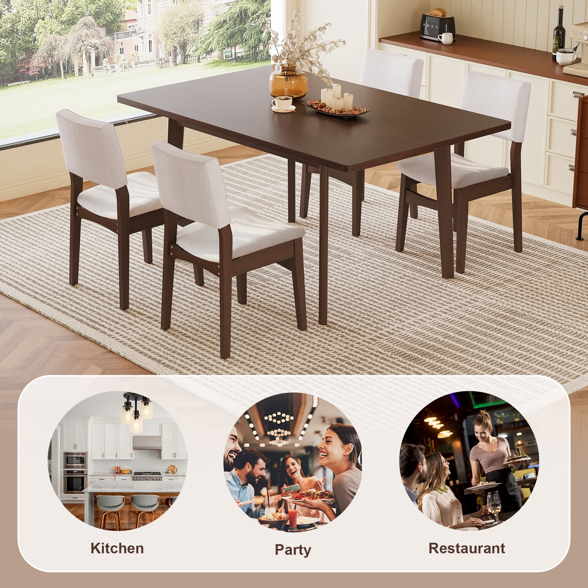 Euroco 5-Piece Mid Century Modern Dining Set for 4, Dining Room Table with 4 Upholstered Chairs and Solid Wood Frame for Kitchen/Dining Room, Dark Walnut