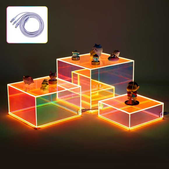 Jolboldy 3Pcs Iridescent Acrylic Display Risers with LED light, Acrylic Cube Box Rainbow Display Stand with Hollow Bottoms for Figures Dessert Jewelry Perfume Handbag