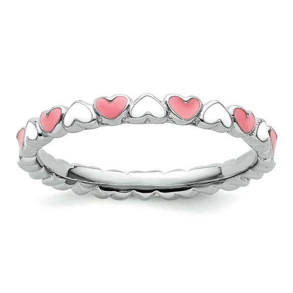 2.5mm 925 Sterling Silver Polished Pink Enamel Stackable Pink and White Enamel Love Heart Ring Size 10 Stackable Ring fo