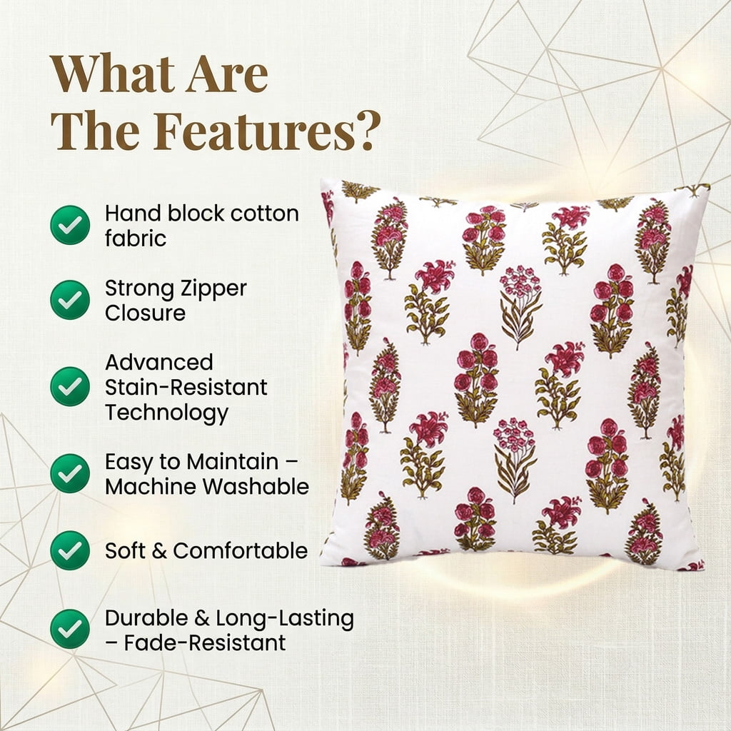 SHOPCREW Hand Block Printed Cotton Cushion Covers with Zipper Closure, Decorative Throw Pillow Covers for Sofa Couch Bed, 18x18 Inches, Pack of 4 - Wildflower Symphony
