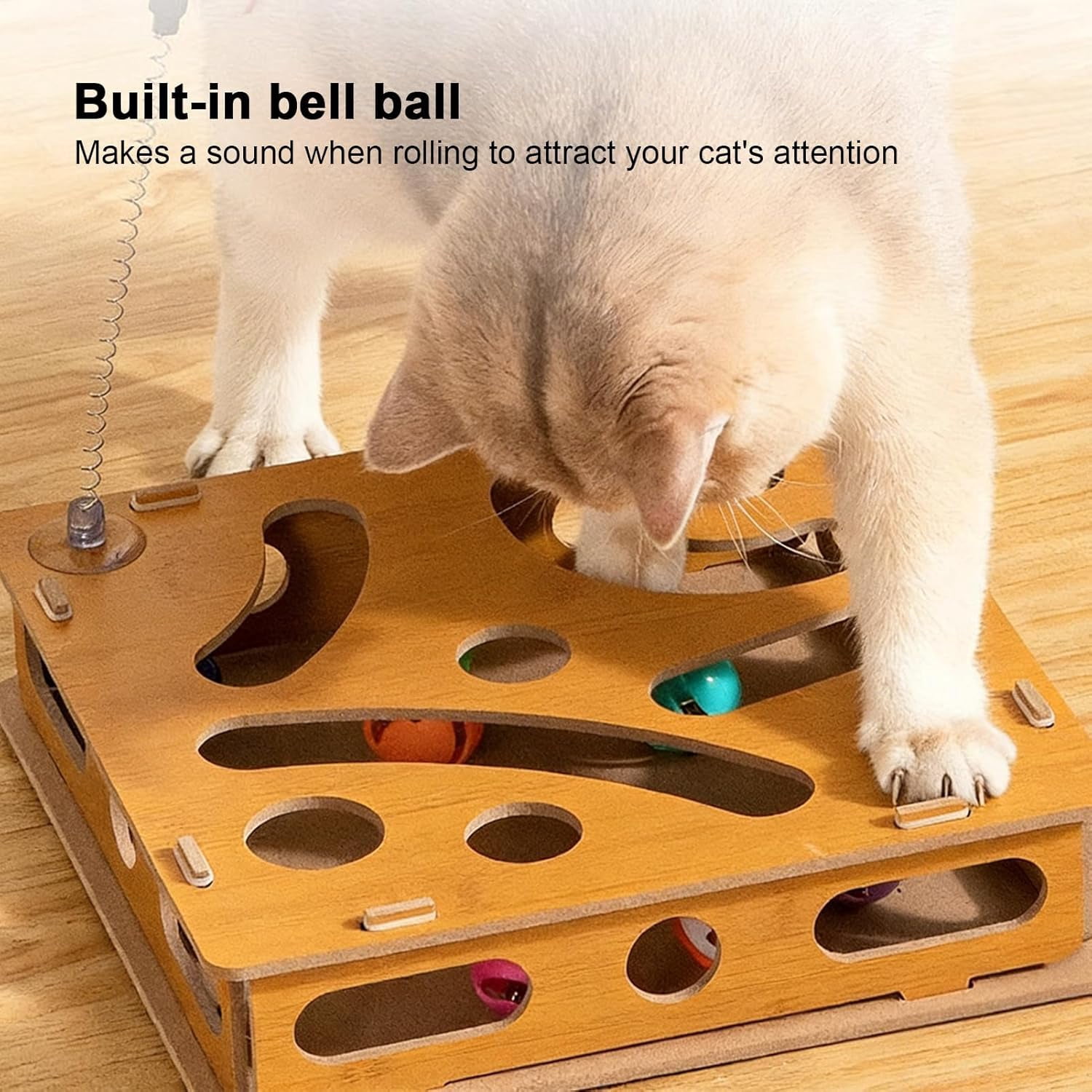 Cat Scratch Board with Bell, Interactive Wooden Toy for Indoor Cats
