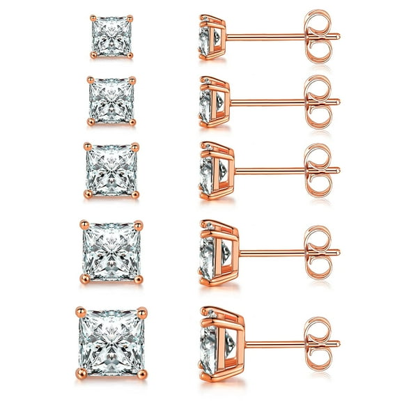 MDFUN 18K Rose gold Plated Princess cut clear cubic Zirconia Stud Earring Pack of 5 Pairs