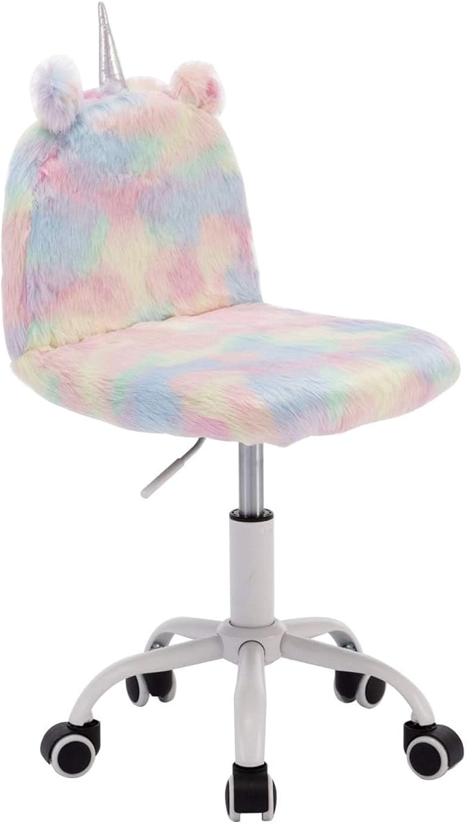 Guyou Cute Fuzzy Kids Chair, Faux Fur Rolling Swivel Children Desk Chair, Adjustable Student Task Chair Vanity Chair with Unicorn Shaped Back for Bedroom Living Room Study Room Kids Room , Colorful