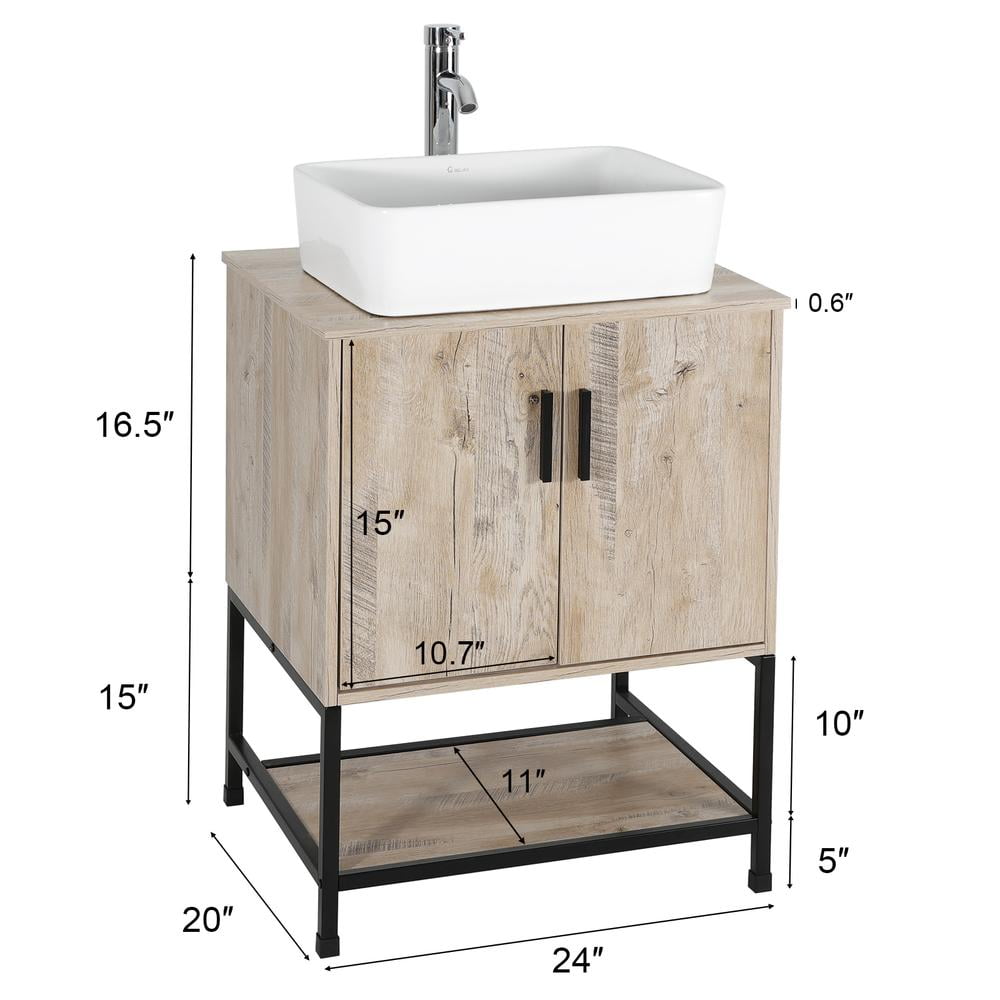Eclife 24" Farmhouse Bathroom Vanity with Rustic Oak Wood Top,White Ceramic Sink, Water Save Faucet,Solid Brass Pop Up Drain