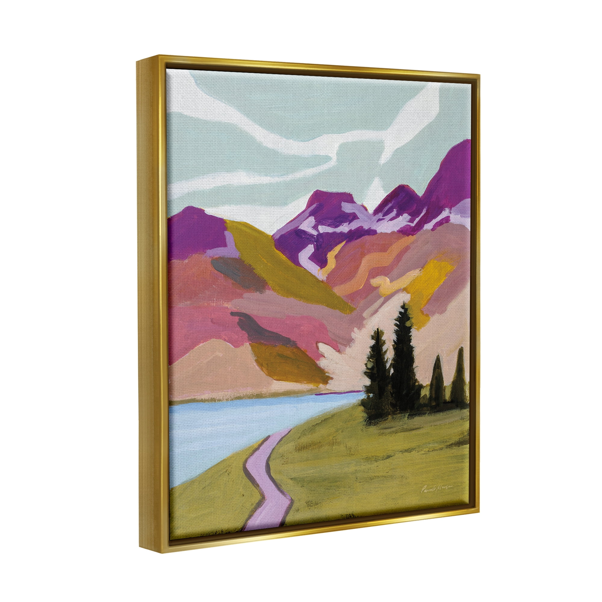 Stupell Industries Modern Mountains Landscape Landscape Painting Gold Floater Framed Canvas Art Print Wall Art, 17 x 21