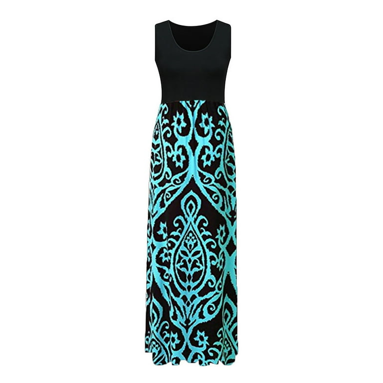 BEEYASO Clearance Summer Dresses for Women Round Neckline Hot Sales Ankle  Length Floral Maxi Sleeveless Dress Sky Blue S 