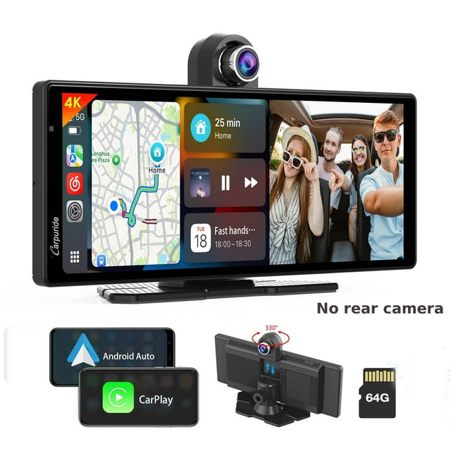 Carpuride 4K Frontal Dash Cam Wireless Carplay Android Auto Adaptador Inalámbrico 10.26" HD IPS Táctil Audio para Auto Pantalla Estéreo YouTube Videos, Superlink, Control por Voz