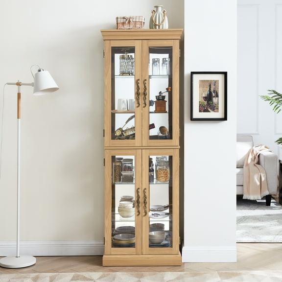 Sophisticated Lighted Shelf Storage - Oak Display Cabinet With Quiet Hinge Design