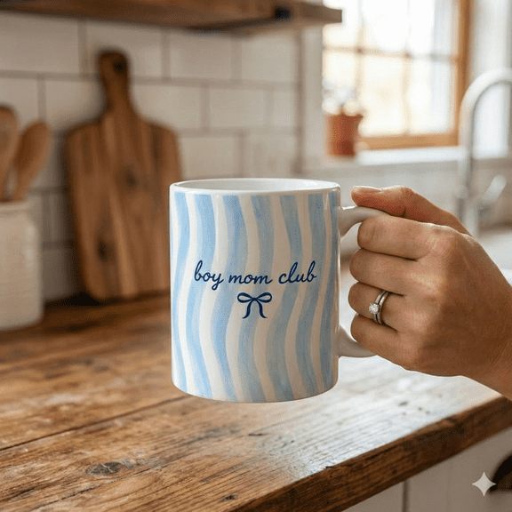 Boy Mom Ceramic Coffee Mug with Blue Stripe Design, Gift for Moms