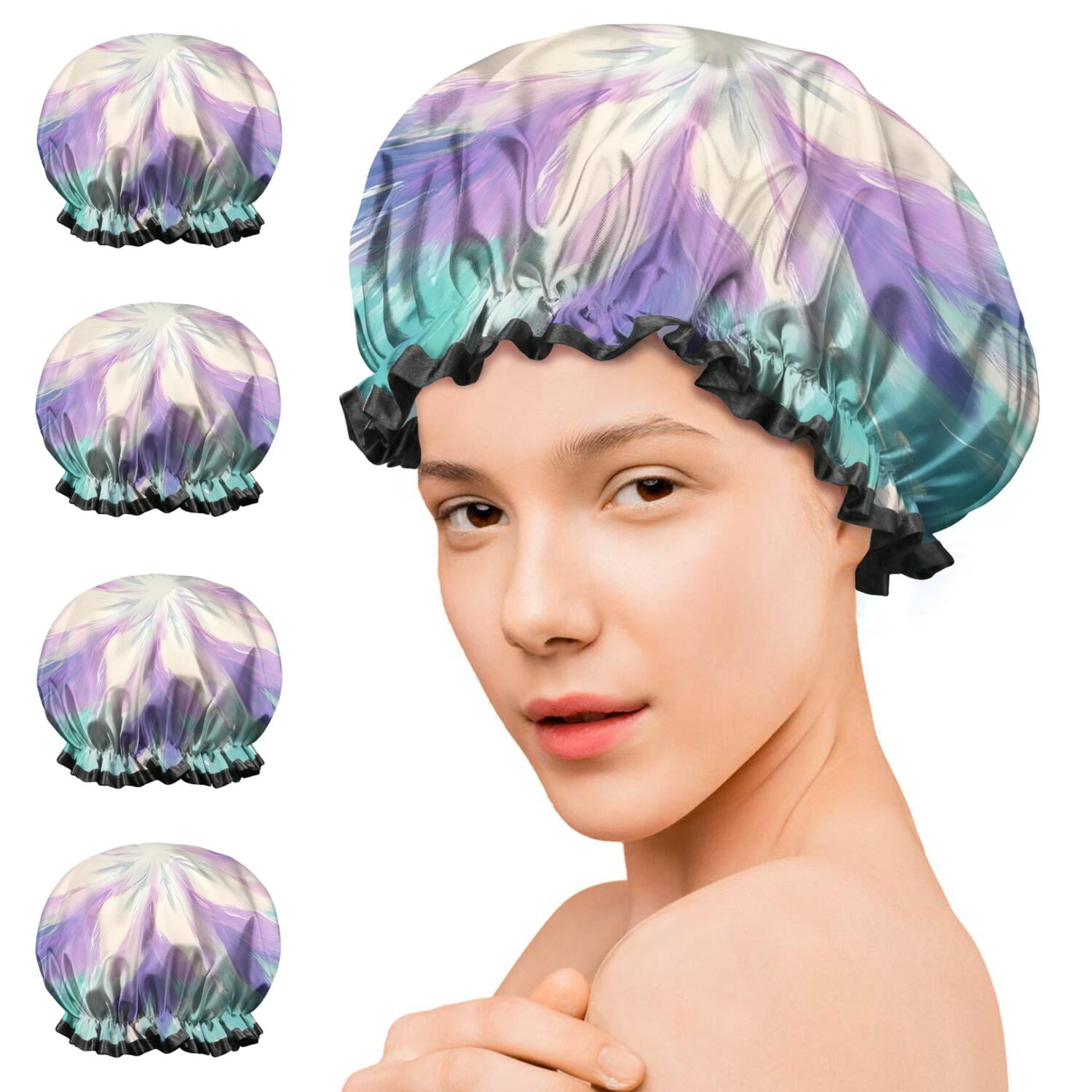 Shower Caps,Tie Dye Pattern Waterproof Shower Cap for Women 4 Pieces,Double Reusable Hair Cover for Shower PEVA Elastic Stretch Hem
