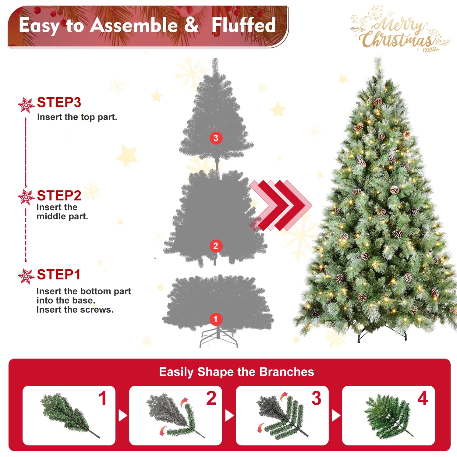 7.5ft Prelit Flocked Christmas Tree 1858 Tips 102 Pine Cones 550 LED Lights Hinged Branches Metal Stand