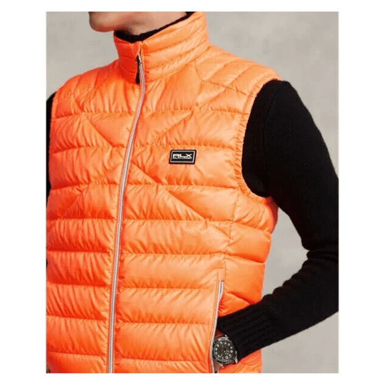 RLX Ralph Lauren Down Vest Mens Small Orange Zip Puffer Packable newest Hood