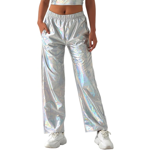 Quixlent Women Metallic Pants Elastic High Waist Casual Holographic Color Trousers Wide Leg Pockets Hip Hop Long Pants
