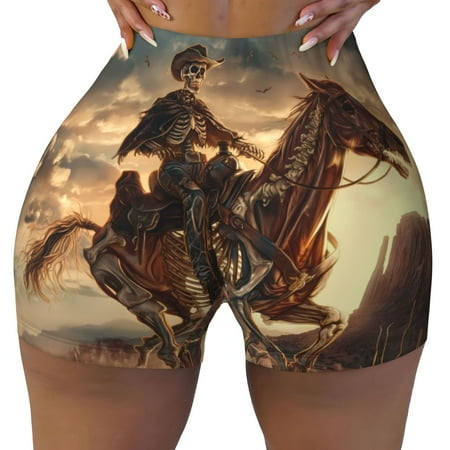 Workout Shorts Women  Western Skeleton Cowboy Horse Biker Shorts for Women Running Gym Spandex Shorts Tummy Control