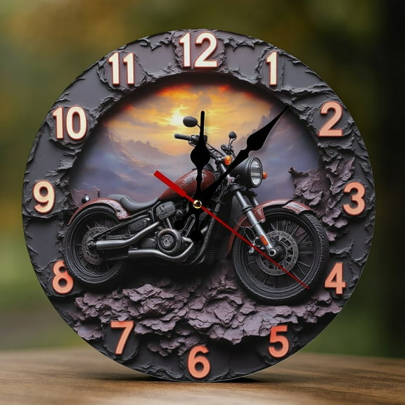 Wall Clock Decorative - Sunset Ride Motorcycle Print 2D Vintage Wall Clocks Battery Operated Silent Non-Ticking for Bedroom, Living Room, Kitchen, Office, Classroom, 10 Inch