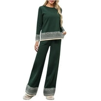 BangWanChi Two Piece Sets for Women Skirt Women New Awinter Fashion Sweater Loose Casual Long Sleeved Wide Leg Pants Knitted Two-piece Set Long Sleeved Round Neck Top/shirt Set