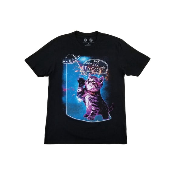 Mens Black Kitten Cat Meme Space Alien Bring More Tacos Graphic Tee T-Shirt L