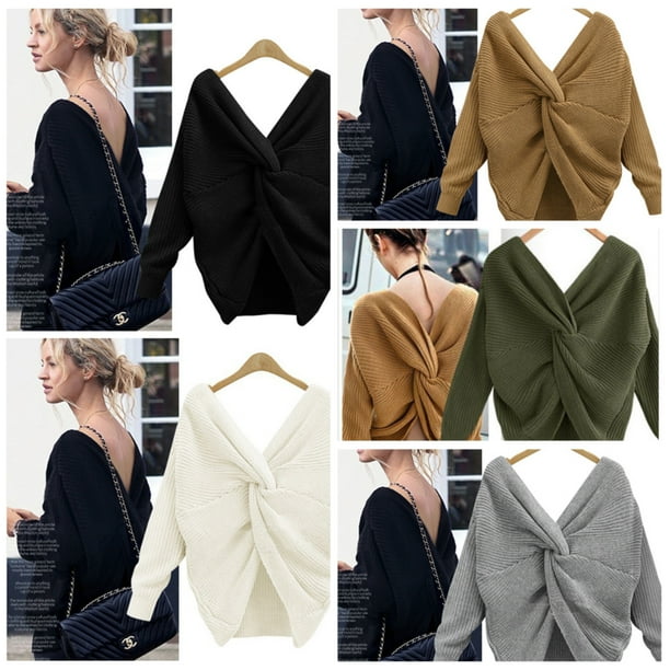 Weekgood Women Sweater V Neck Knotted Backless Long Sleeve Cotton Knitting Shirt Black Black