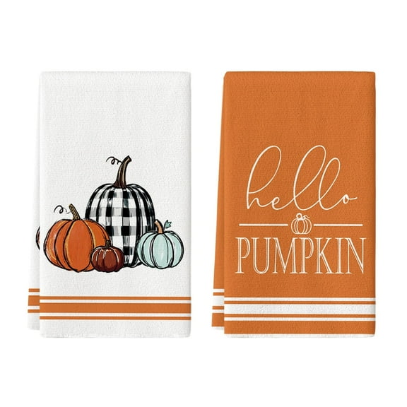 Sm:)e Hello Pumpkin Orange Thanksgiving Kitchen Dish Towels 18x26 Inch Set of 2