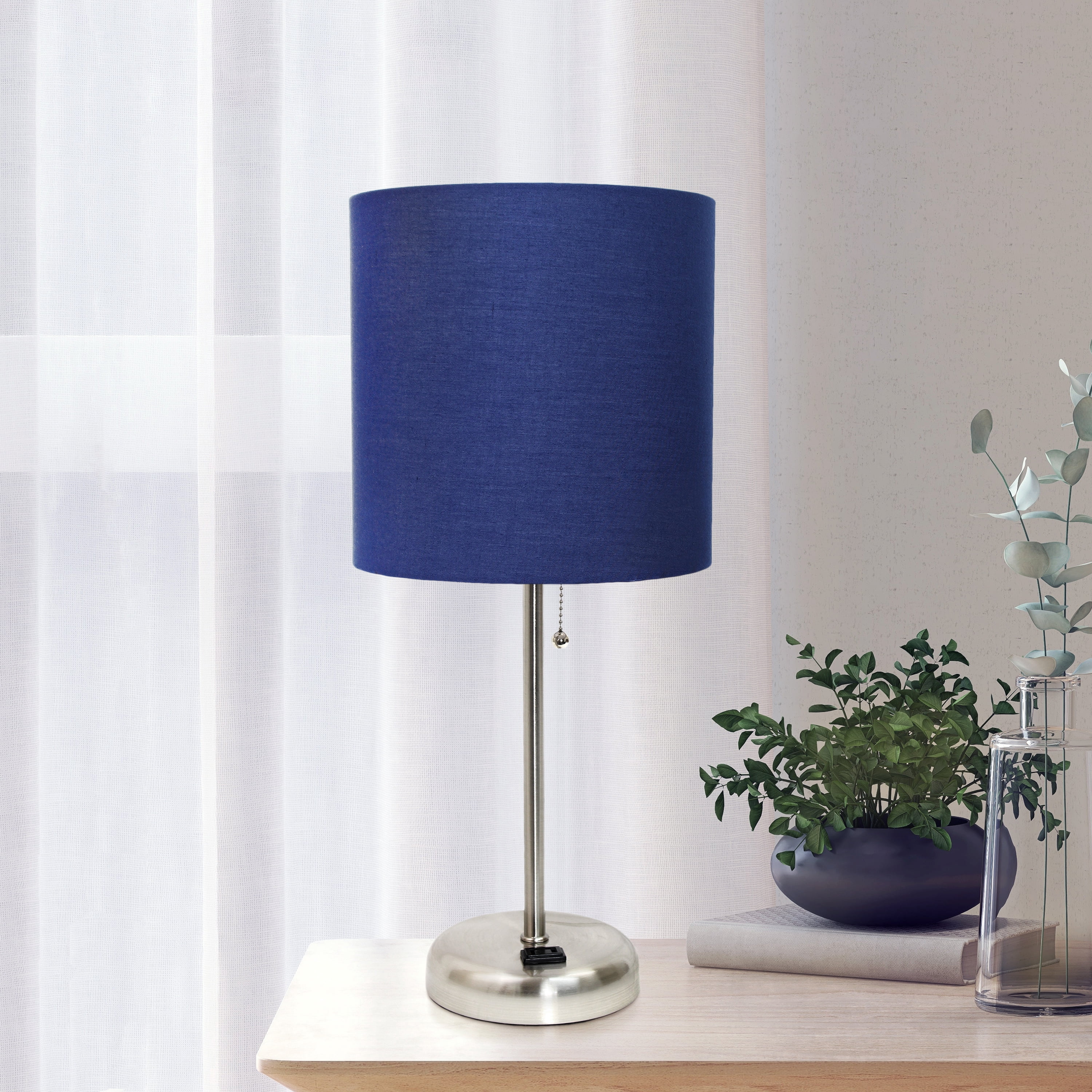 Creekwood Home 19.5" Brushed Steel Lamp with Charging Outlet, Navy Blue Shade & LED Bulb