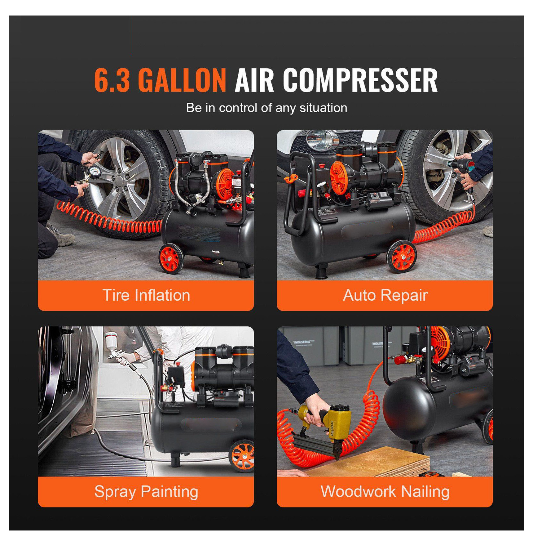 Air Compressor 6.3 Gallon 1450W, Ultra Quiet Oil-Free 3.35 CFM@90PSI, 70dB, Portable Compressor for Tire Inflation & Air Tools
