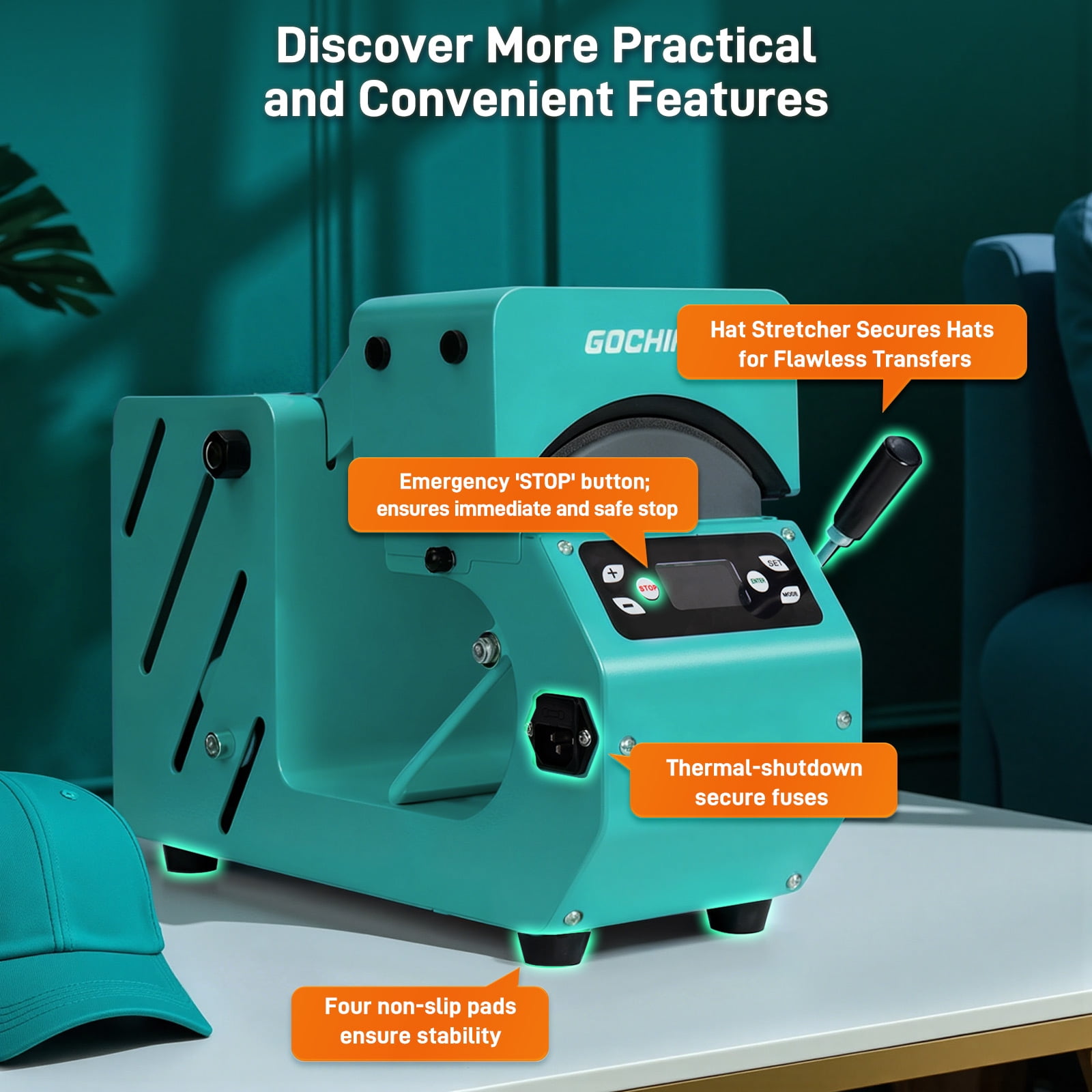 Hat Heat Press Machine,GOCHIFIX Automatic Hat Heat Press with 2pcs Interchangeable Platens for Caps Hats T-Shirts and HTV Iron On and Sublimation Projects,Green