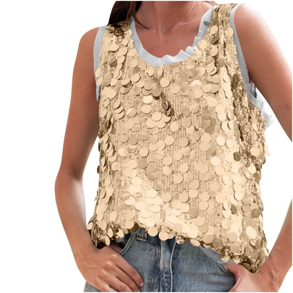 Giftesty Women's Sparkle Sequin Solid Color Crew Neck Sleeveless Loose Fit Casual Tank Top for Daily Wear
