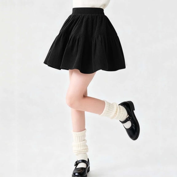 YTCAMLO Ribbed Cotton Skorts for Girls Classic Tiered Skirts High Waisted Mini Skirts with Short Stretch Athletic Uniform Skirts, Black 11-12 Years