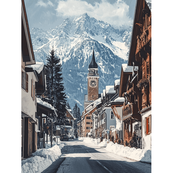Snowy Village Clock Tower Canvas Wall Art, Perfect for Living Room, Bedroom, Office, Hallway, and Kitchen Decoration.