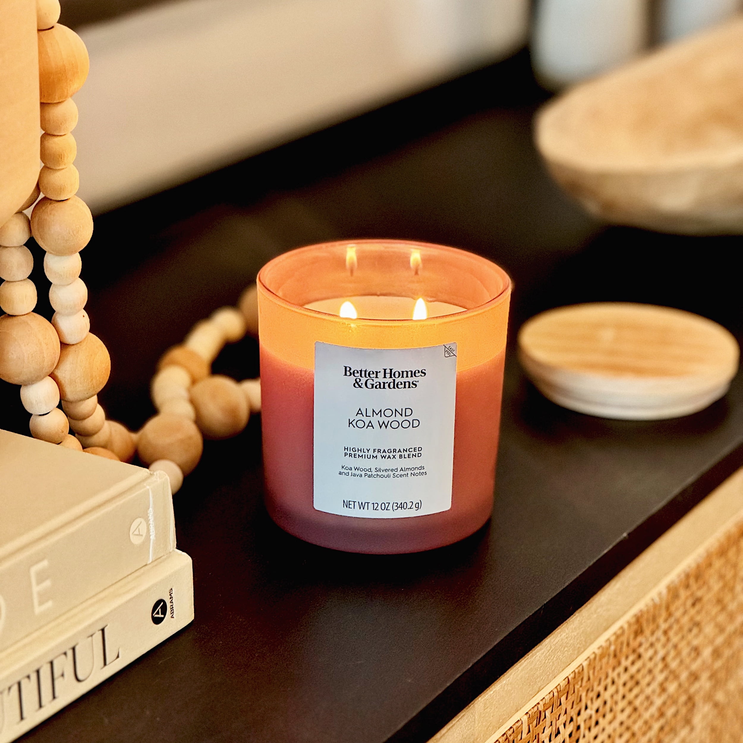 (2 pack) Better Homes and Gardens Almond Koa Wood Scented 2-Wick Frosted Jar Candle 12oz.