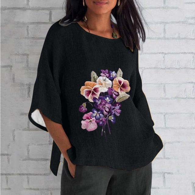 Chemises pour Femmes, Blouses pour Femmes, Mode Décontractée Alzheimer Manches 3/4 Imprimées en Coton Ample
