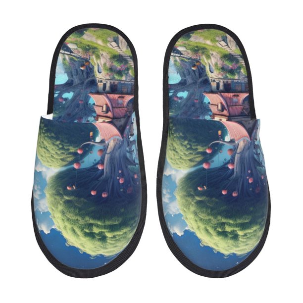 Balery Fantasy Treehouse Planet Scene Pantuflas de Casa de Felpa Silenciosas con Diseño Estampado, Zapatillas Cómodas Antideslizantes de Algodón para Interior-Large