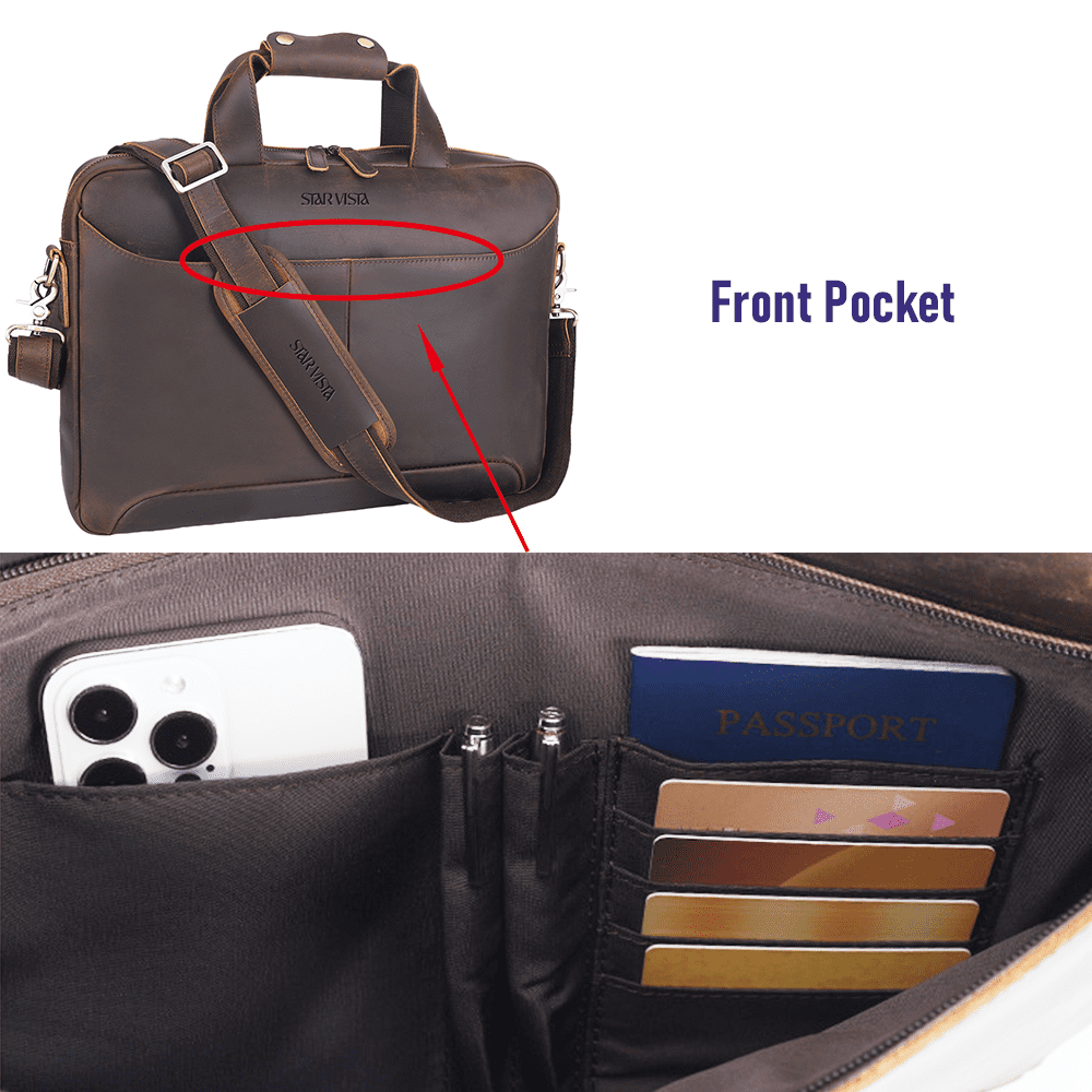 STAR VISTA Vittorio Slim Laptop Messenger Bag, Full Grain Leather Briefcase for Men, Dark Brown, Fits 15.6" Laptop, YKK Zippers, Brass Hardware
