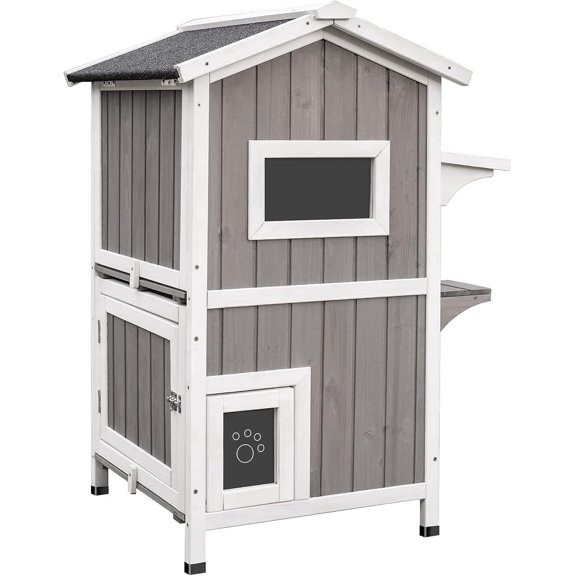 PETSCOSSET Outdoor Cat House, Two-Story Wooden Feral Cat Shelter with Openable Roof, Escape Door
