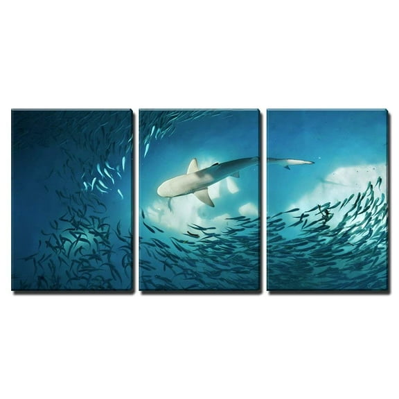 wall26 - 3 Piece Canvas Wall Art - Shark and Small Fishes in Ocean - Nature Background - Modern Home Art Stretched and Framed Ready to Hang - 16"x24"x3 Panels