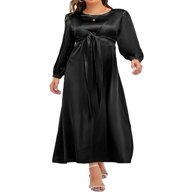Femmes Automne Midi Robe à Manches Longues Noeud avant Robe en Satin